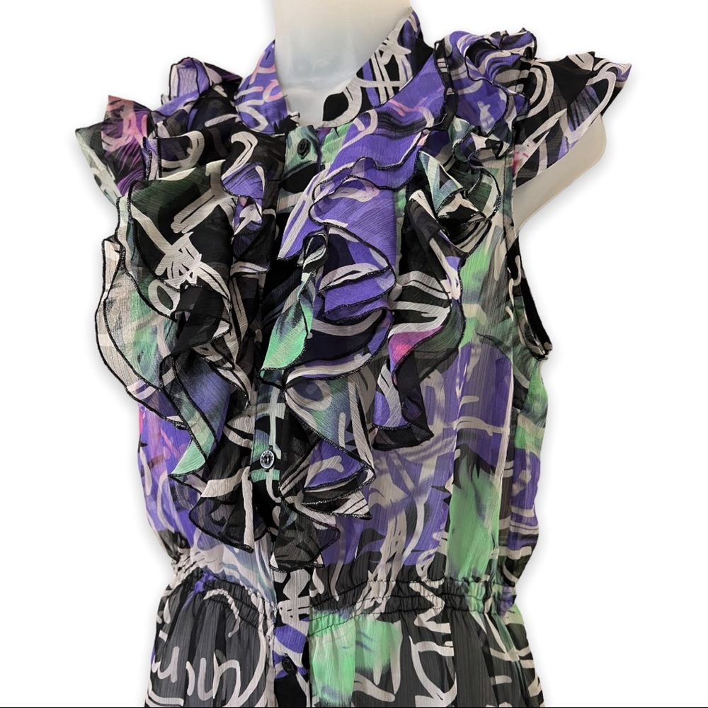 DESIGUAL Sleeveless Ruffle Top Button Front Graffiti Print Semi Sheer Large - Picture 6 of 10